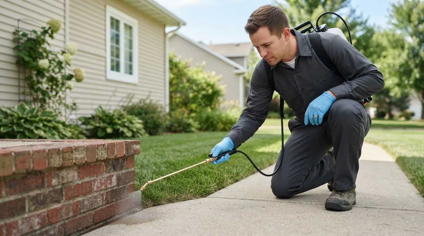 Pest control technician treating a home near Dundalk, MD